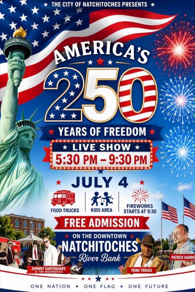 CITY OF NATCHITOCHES TO PRESENT AMERICA’S 250TH BIRTHDAY CELEBRATION ON RIVERBANK JULY&nbsp;4
